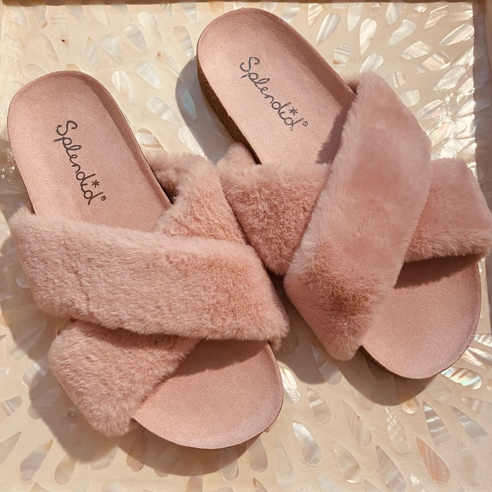 Splendid Roxanne Slides Faux Fur Sandals Crisscross Criss Cross - Picture 5 of 10